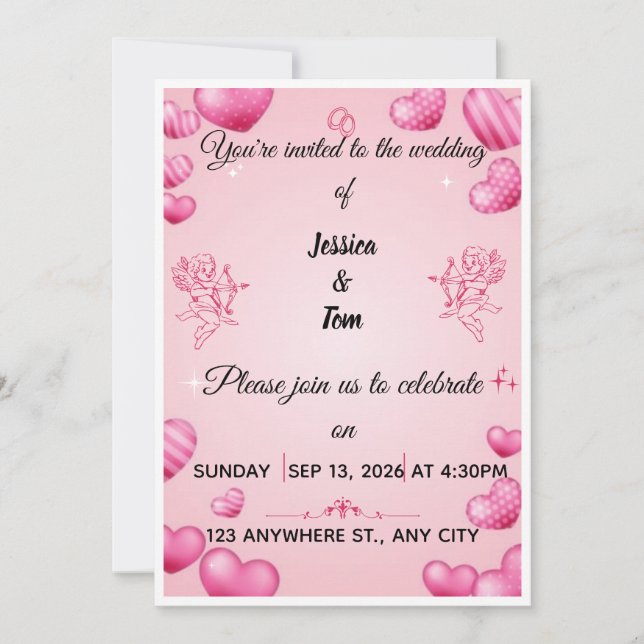Faire-part de mariage coeurs roses et cupidons (Devant)