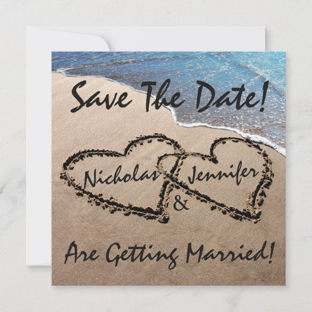 Faire-Part de Mariage Coeurs Sable Plage Enregistr (Devant)