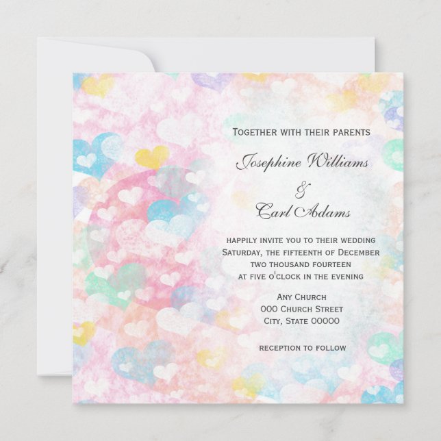 Faire-part de mariage coeurs superposés pastel (Devant)