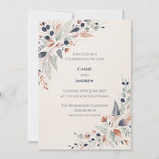 Faire-part de mariage Coin Floral Corail Bleu (Devant)