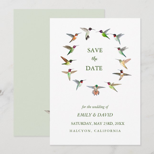 Faire-part de mariage colibri pour annoncer la dat (Devant / Derrière)