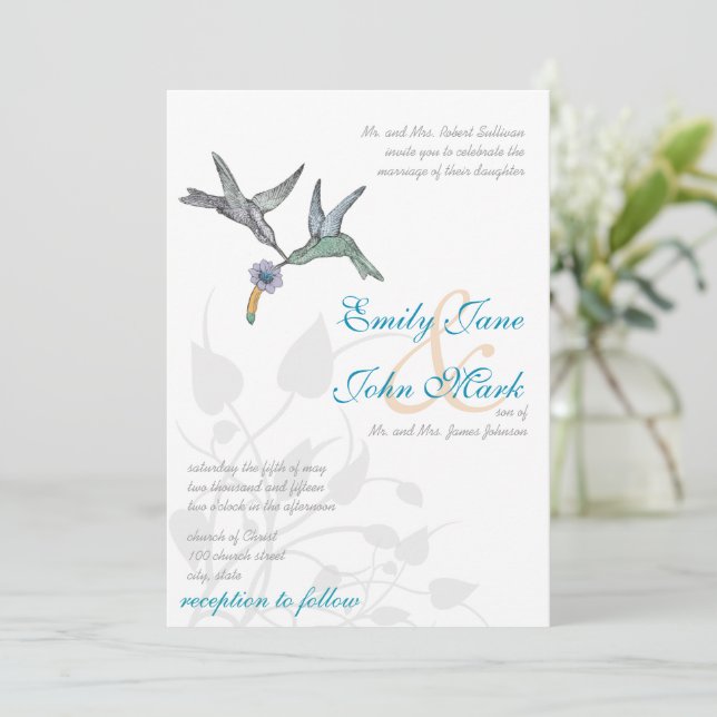 Faire-part de mariage colibris corail lilas aqua (Debout devant)