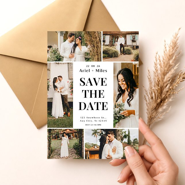 Faire-part de mariage Collage de 6 photos Rustique (Wedding Save the Date Template, Photo Collage Save the Date Card, Editable Wedding Announcemen)