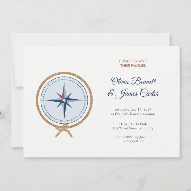Faire-part de mariage compas à corde nautique (Devant)