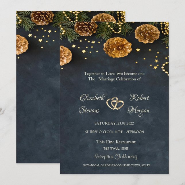 Faire-Part de Mariage Cônes de Pin, Étoiles (Devant / Derrière)