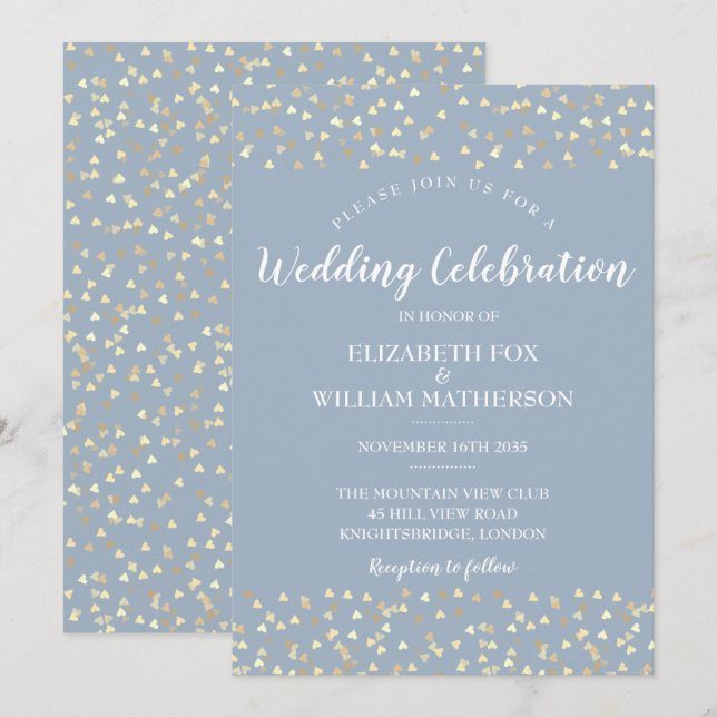 Faire-part de mariage Confetti Dusty Blue Hearts (Devant / Derrière)