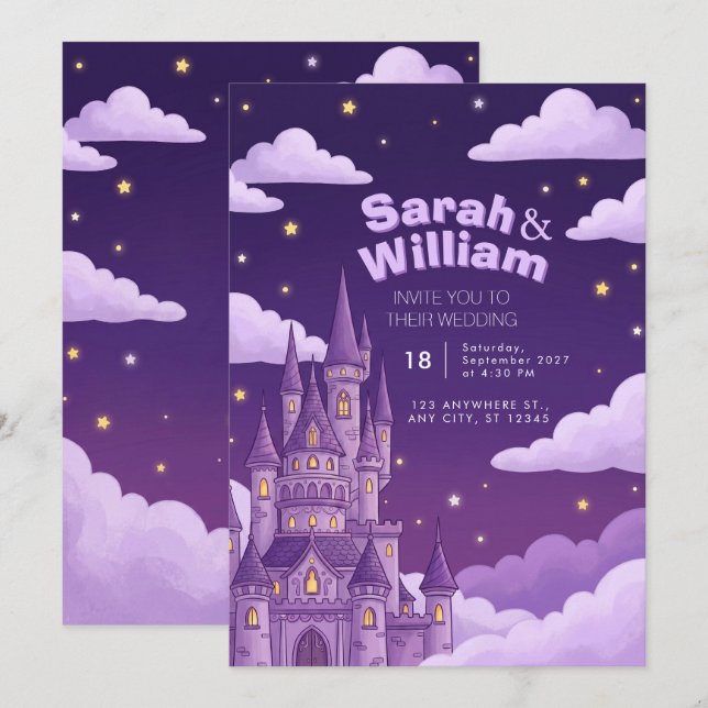 Faire-part de mariage Conte de Fée Château Violet (Devant / Derrière)