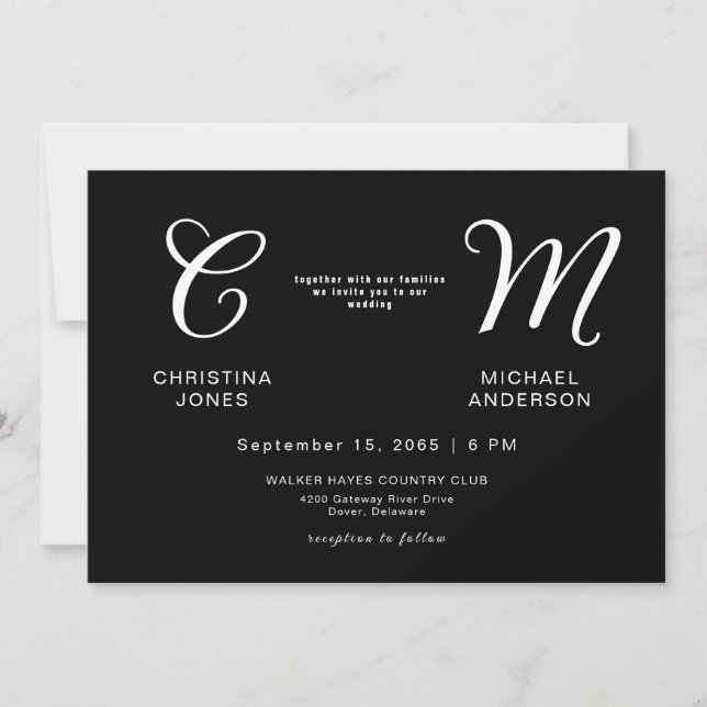 Faire-part de mariage contemporain noir monogramme (Devant)