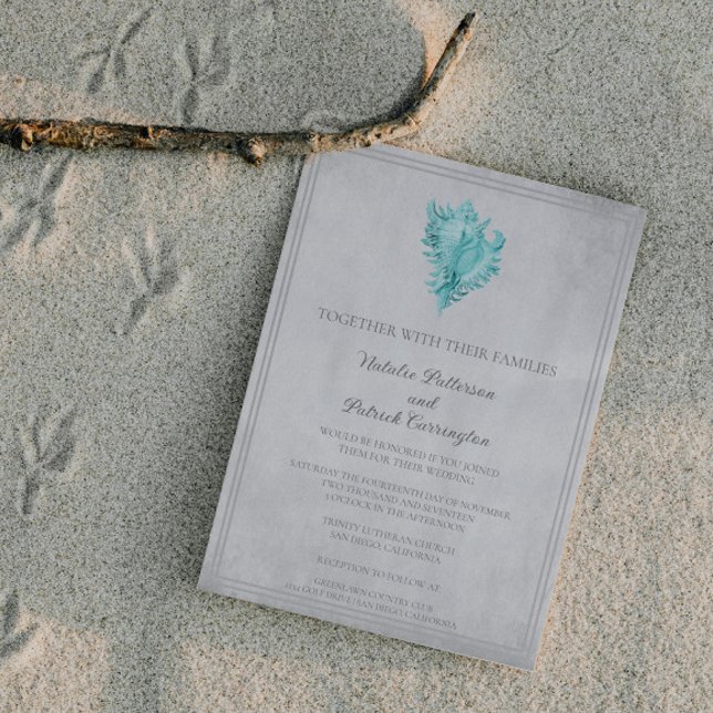 Faire-part de mariage Coque conique turquoise (Teal Conch Shell Wedding Invitation)