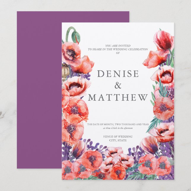 Faire-part de mariage coquelicot avec dos dahlia (Devant / Derrière)