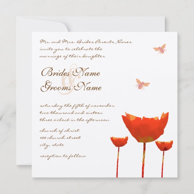 Faire-part de mariage Coquelicots orange et abeill (Devant)