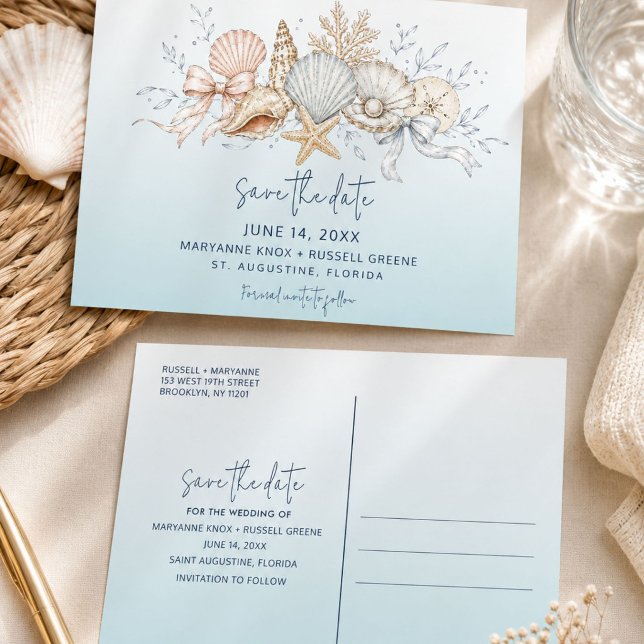 Faire-part de mariage Coquette Bow & Seashell Beac (Coquette Bow & Seashell Beach Wedding Save the Date)