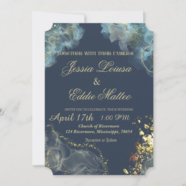 Faire-part de mariage coquillage Navy & Or (Devant)