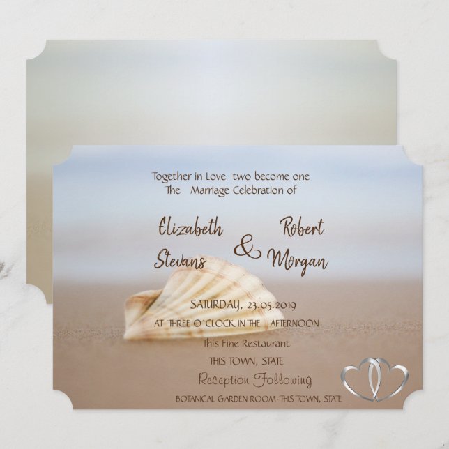 Faire-part de mariage Coquillages de plage, Cœurs (Devant / Derrière)