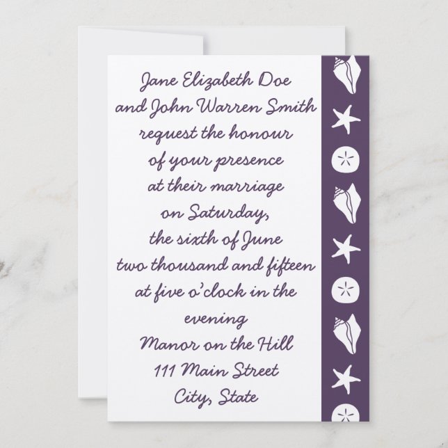 Faire-part de mariage Coquillages d'été en violet (Devant)