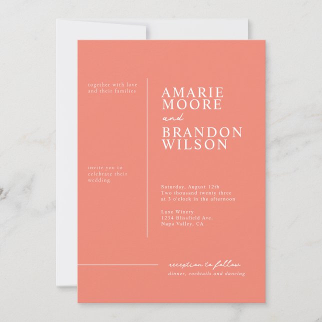 Faire-part de mariage corail à typographie minimal (Devant)