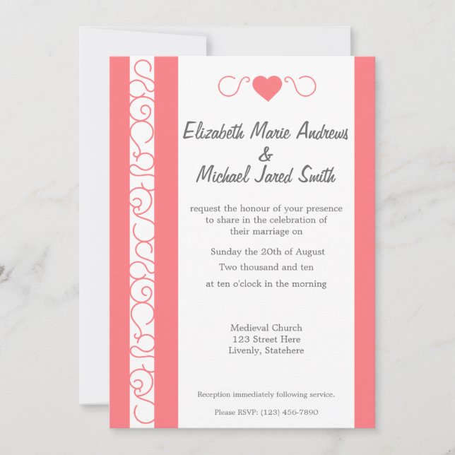 Faire-part de mariage corail et gris-coeur (Devant)