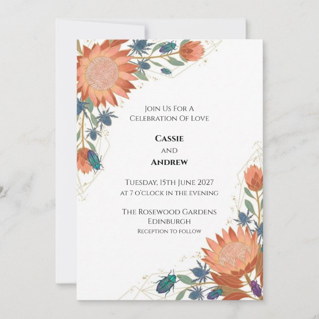 Faire-part de mariage Coral Protea Beetle (Devant)