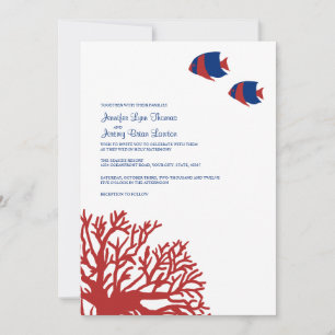 Faire-part de mariage corallien bleu et rouge trop