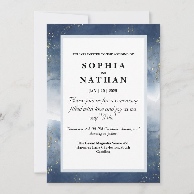 Faire-part de mariage couleur bleu marine avec or (Devant)