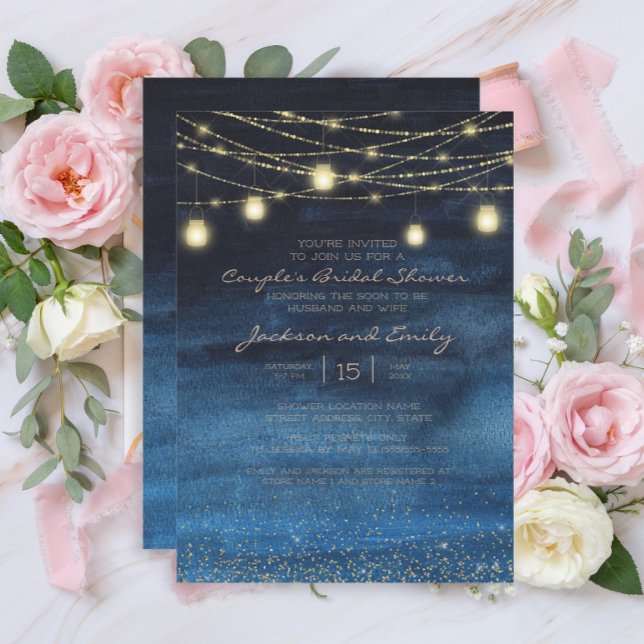 Faire-part de mariage couple lumières à cordes ble (Navy blue and gold string lights couples bridal shower invitation)