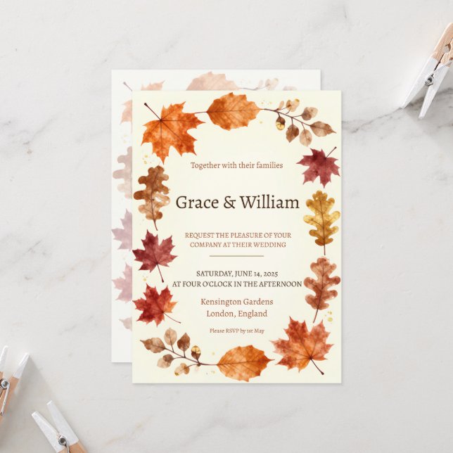 Faire-part de mariage Couronne Aquarelle Feuilles  (Devant/Arrière en situation)