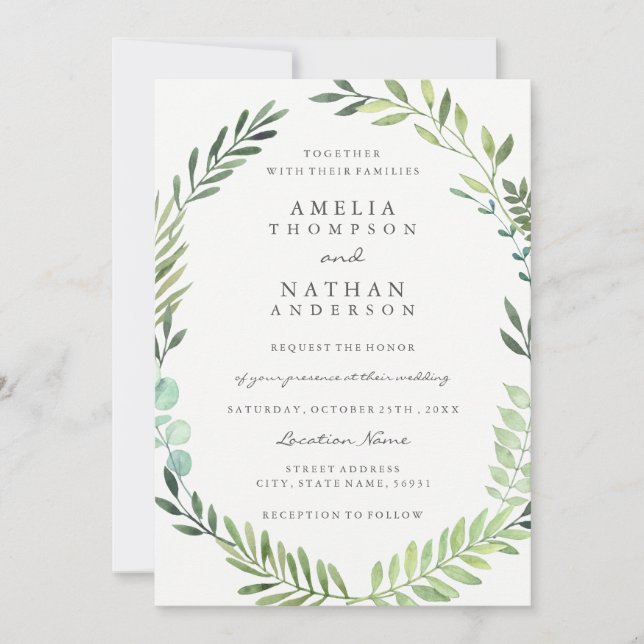 Faire-part de mariage Couronne de feuilles à l'aqu (Devant)
