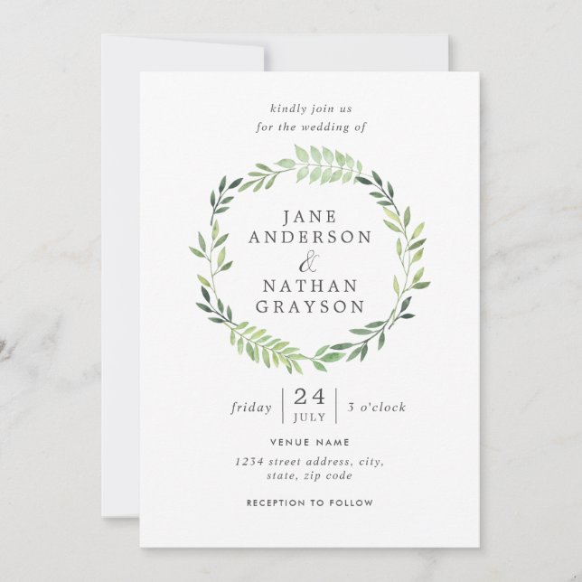 Faire-part de mariage Couronne de feuilles aquarel (Devant)