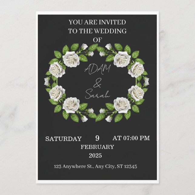 Faire-part de mariage Couronne de roses noir et bl (Devant)