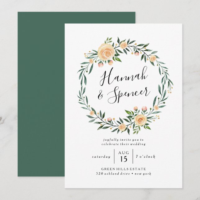Faire-part de mariage Couronne de roses pêche (Devant / Derrière)