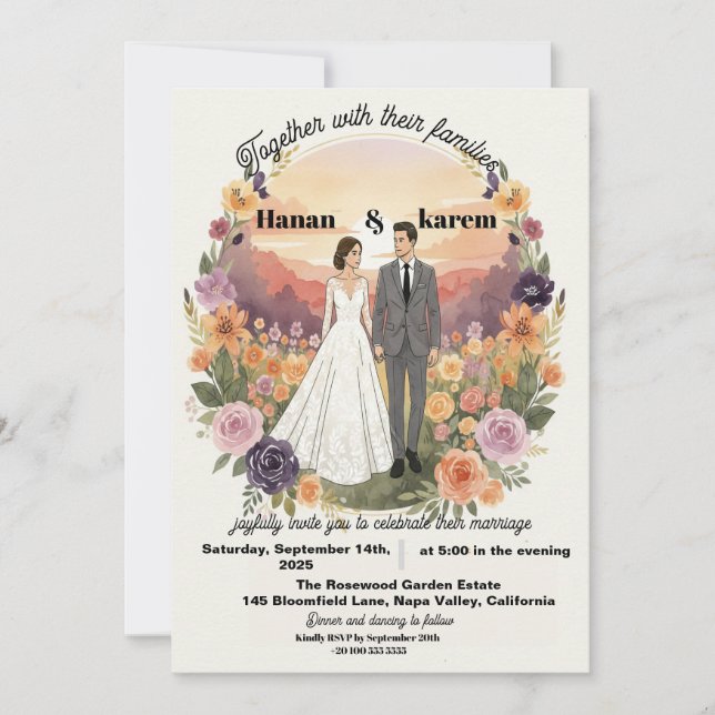 Faire-part de mariage Couronne florale aquarelle r (Devant)