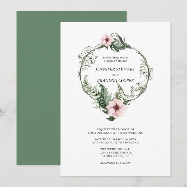 Faire-part de mariage Couronne Florale Aquarelle V (Devant / Derrière)