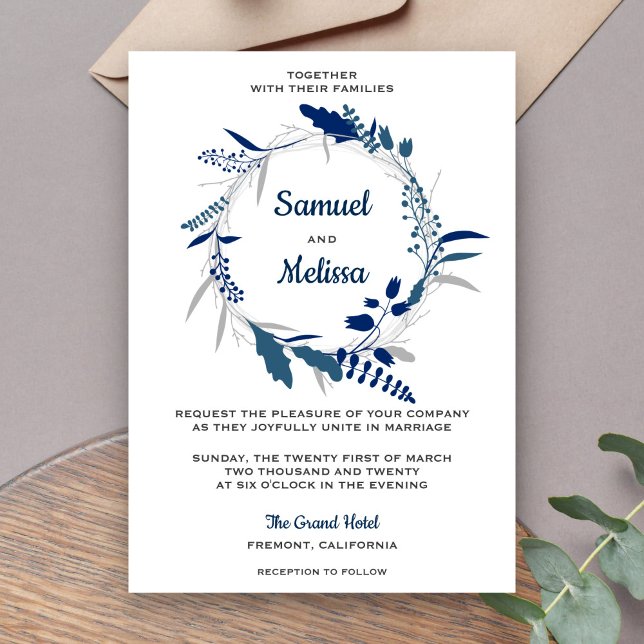 Faire-part de mariage Couronne florale bleue éléga (Créateur téléchargé)
