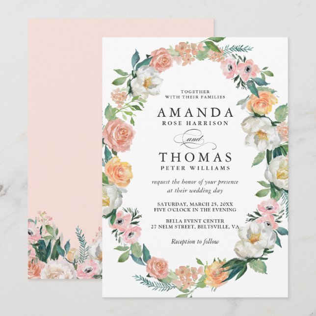 Faire-part de mariage Couronne florale de jardin (Devant / Derrière)