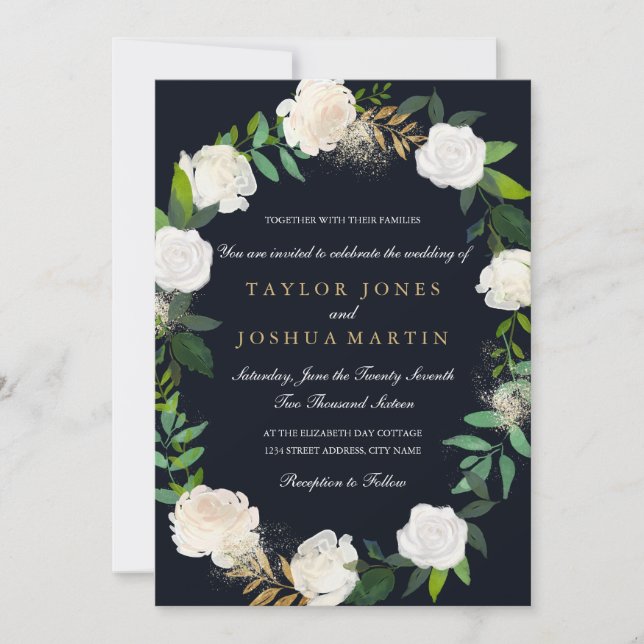Faire-part de mariage Couronne Florale Rose Navy O (Devant)