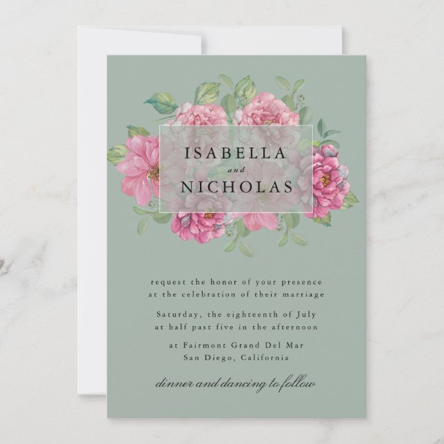 Faire-part de mariage Couronne florale sur fond ve (Devant)