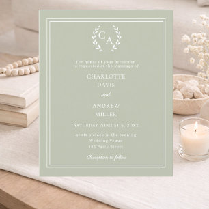 Faire-part de mariage couronne monogramme vert sau
