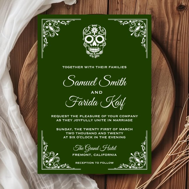 Faire-part de mariage Crâne en sucre vert et blanc (Créateur téléchargé)