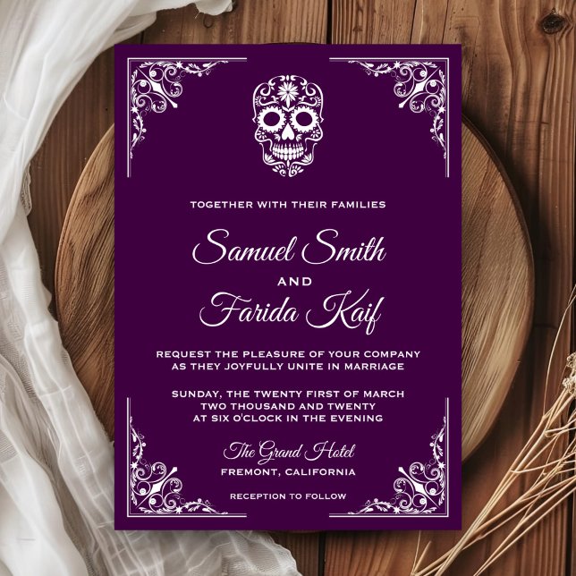 Faire-part de mariage crâne en sucre violet et bla (Créateur téléchargé)