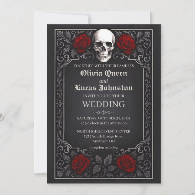 Faire-part de mariage crâne et roses gothique élég (Devant)