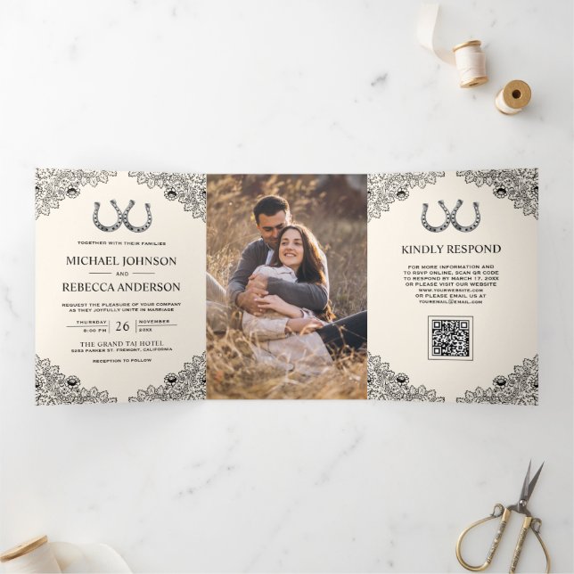 Faire-Part de Mariage Crème Ivoire QR Code Lacet d (Intérieur)