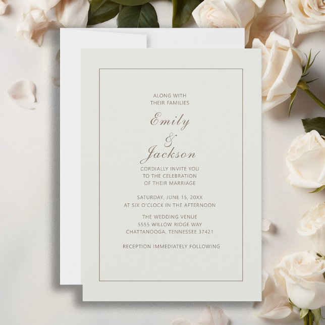 Faire-part de mariage crème marron élégant moderne (Elegant cream-colored wedding invitation with beautiful calligraphy script.)