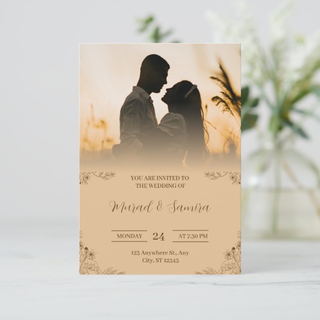 Faire-part de mariage crème simple et marron (Debout devant)