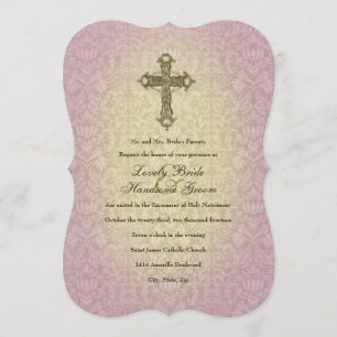 Faire-part de mariage croisé catholique rougeoyant