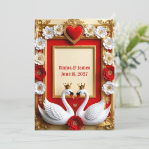 💎 Faire-Part de Mariage Cygne Perles Et Cadre Or 