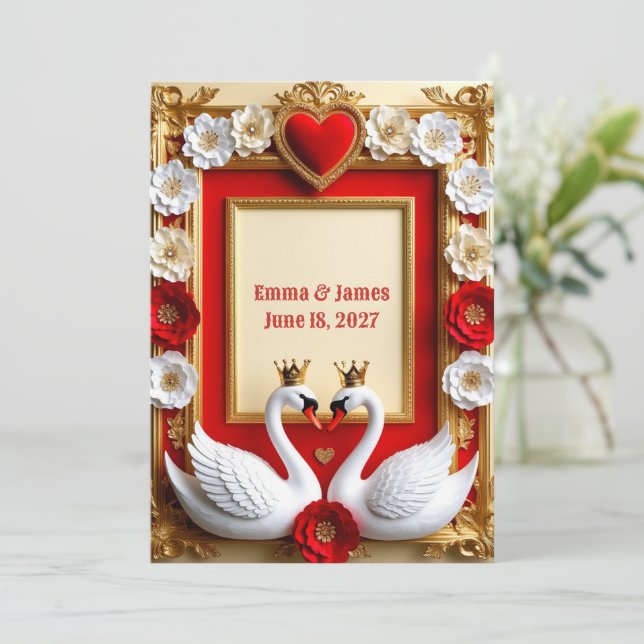 💎 Faire-Part de Mariage Cygne Perles Et Cadre Or  (Debout devant)