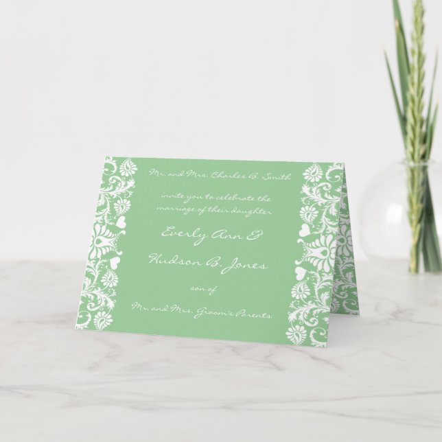 Faire-part de mariage damassé Blanc-Sage Vert Choi (Devant)