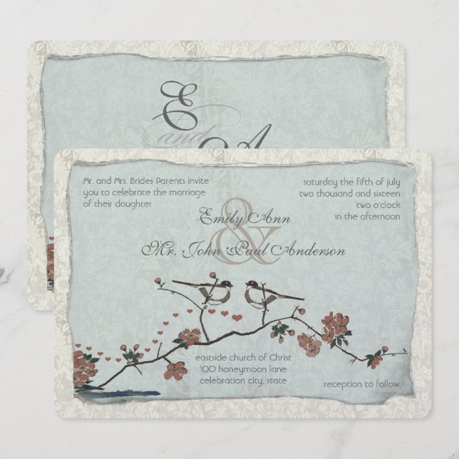 Faire-part de mariage damassé Cinnamon et Blue Lov (Devant / Derrière)