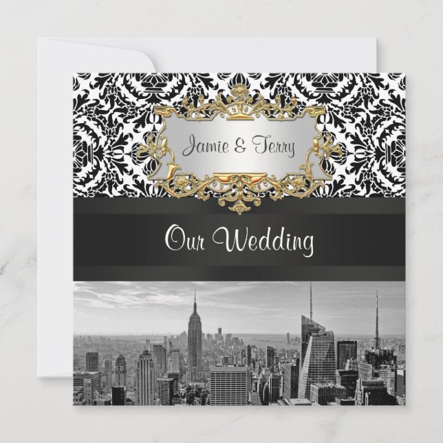 Faire-part de mariage damassé NYC Skyline BW 431 (Devant)