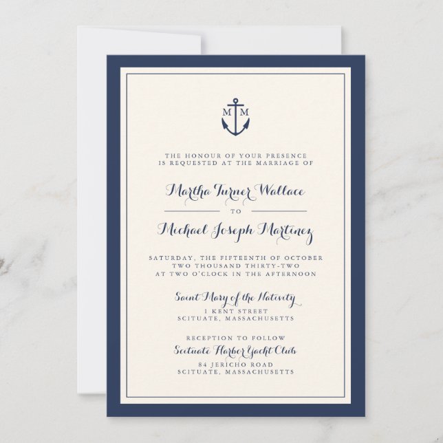 Faire-part de mariage d'Ancre de monogramme marine (Devant)